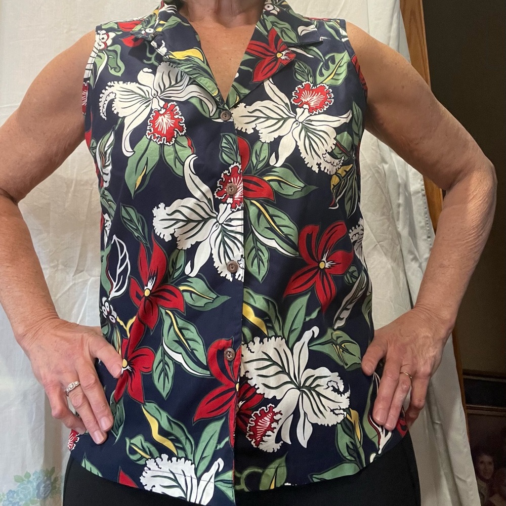 Navy Blue Floral Button Down Blouse with V Neckline